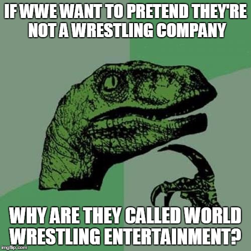 Philosoraptor Meme | IF WWE WANT TO PRETEND THEY'RE NOT A WRESTLING COMPANY; WHY ARE THEY CALLED WORLD WRESTLING ENTERTAINMENT? | image tagged in memes,philosoraptor | made w/ Imgflip meme maker