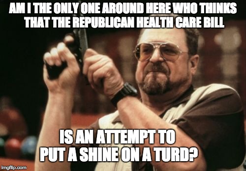 Repeal means Repeal.  Don't start with crap and hope to improve it. | AM I THE ONLY ONE AROUND HERE WHO THINKS THAT THE REPUBLICAN HEALTH CARE BILL; IS AN ATTEMPT TO PUT A SHINE ON A TURD? | image tagged in memes,am i the only one around here | made w/ Imgflip meme maker