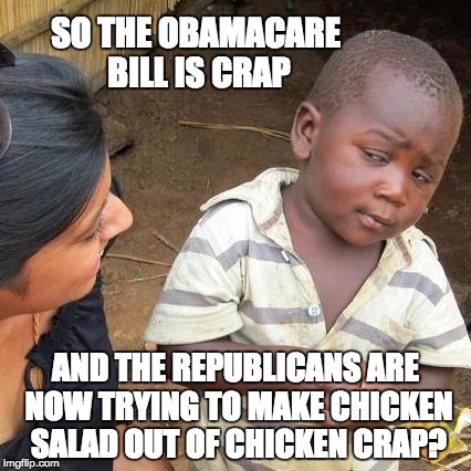 Third World Skeptical Kid Meme | SO THE OBAMACARE BILL IS CRAP; AND THE REPUBLICANS ARE NOW TRYING TO MAKE CHICKEN SALAD OUT OF CHICKEN CRAP? | image tagged in memes,third world skeptical kid | made w/ Imgflip meme maker