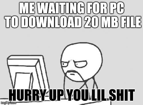 Computer Guy Meme | ME WAITING FOR PC TO DOWNLOAD 20 MB FILE; HURRY UP YOU LIL SHIT | image tagged in memes,computer guy | made w/ Imgflip meme maker