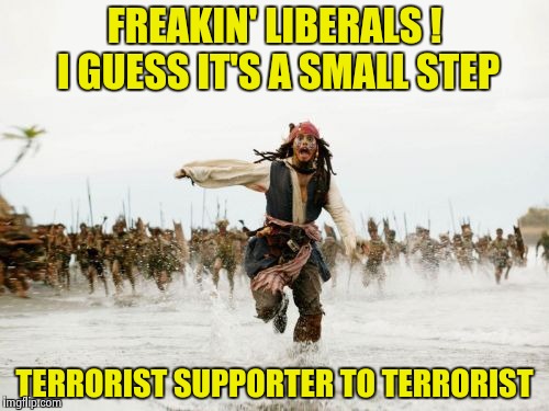 I had to use Johnny Depp (Kathy Griffin is in the crowd chasing him) | FREAKIN' LIBERALS ! I GUESS IT'S A SMALL STEP; TERRORIST SUPPORTER TO TERRORIST | image tagged in memes,jack sparrow being chased,celebs,retarded liberal protesters | made w/ Imgflip meme maker