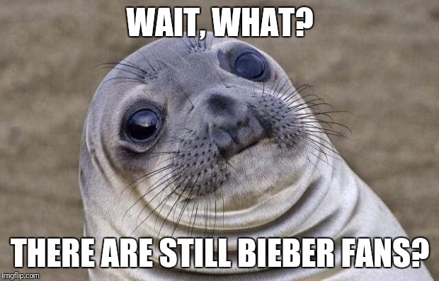 Awkward Moment Sealion Meme | WAIT, WHAT? THERE ARE STILL BIEBER FANS? | image tagged in memes,awkward moment sealion | made w/ Imgflip meme maker