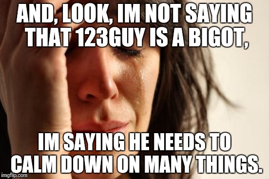 First World Problems Meme | AND, LOOK, IM NOT SAYING THAT 123GUY IS A BIGOT, IM SAYING HE NEEDS TO CALM DOWN ON MANY THINGS. | image tagged in memes,first world problems | made w/ Imgflip meme maker