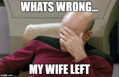 Captain Picard Facepalm | WHATS WRONG... MY WIFE LEFT | image tagged in memes,captain picard facepalm | made w/ Imgflip meme maker