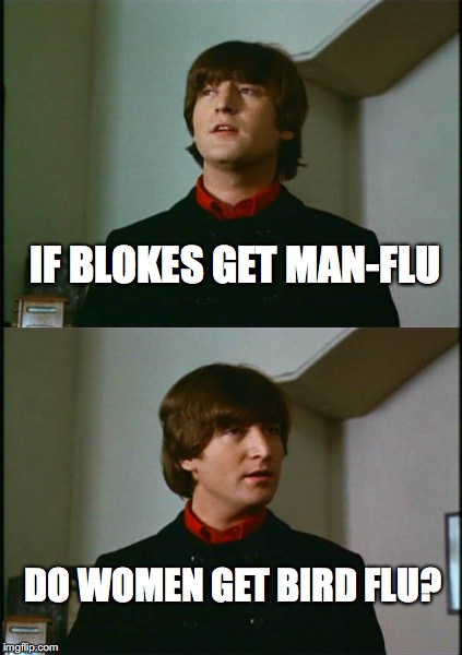 summer flu has been banned | IF BLOKES GET MAN-FLU; DO WOMEN GET BIRD FLU? | image tagged in meme,lennon,flu | made w/ Imgflip meme maker