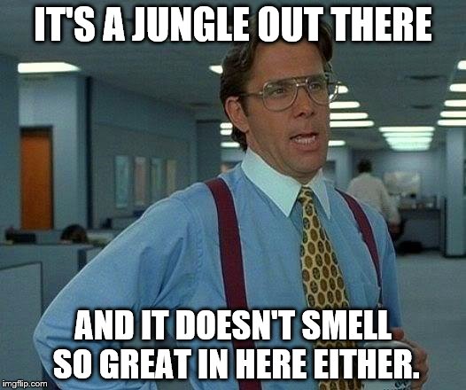 That Would Be Great | IT'S A JUNGLE OUT THERE; AND IT DOESN'T SMELL SO GREAT IN HERE EITHER. | image tagged in memes,that would be great | made w/ Imgflip meme maker
