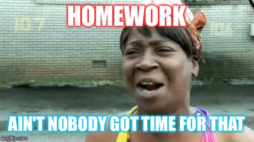 Ain't Nobody Got Time For That | HOMEWORK; AIN'T NOBODY GOT TIME FOR THAT | image tagged in memes,aint nobody got time for that | made w/ Imgflip meme maker