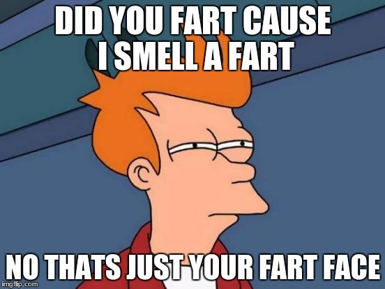 Futurama Fry Meme | DID YOU FART CAUSE I SMELL A FART; NO THATS JUST YOUR FART FACE | image tagged in memes,futurama fry | made w/ Imgflip meme maker