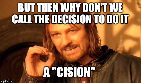 One Does Not Simply Meme | BUT THEN WHY DON'T WE CALL THE DECISION TO DO IT A "CISION" | image tagged in memes,one does not simply | made w/ Imgflip meme maker