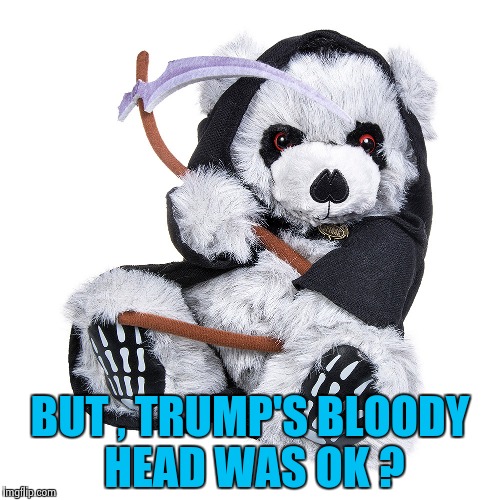 BUT , TRUMP'S BLOODY HEAD WAS OK ? | image tagged in the grim teddy | made w/ Imgflip meme maker