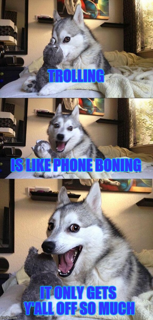 Bad Pun Dog Meme | TROLLING; IS LIKE PHONE BONING; IT ONLY GETS Y'ALL OFF SO MUCH | image tagged in memes,bad pun dog | made w/ Imgflip meme maker