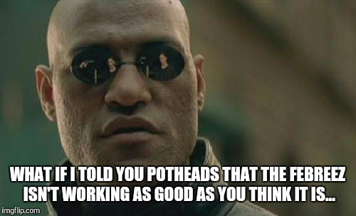 Matrix Morpheus | WHAT IF I TOLD YOU POTHEADS THAT THE FEBREEZ ISN'T WORKING AS GOOD AS YOU THINK IT IS... | image tagged in memes,matrix morpheus | made w/ Imgflip meme maker