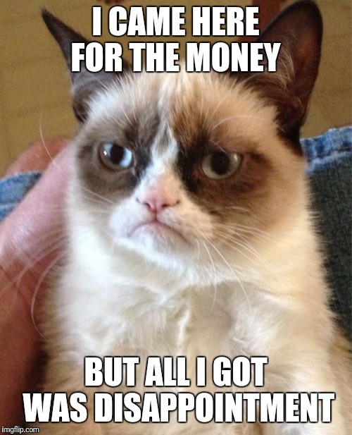 Grumpy Cat | I CAME HERE FOR THE MONEY; BUT ALL I GOT WAS DISAPPOINTMENT | image tagged in memes,grumpy cat | made w/ Imgflip meme maker