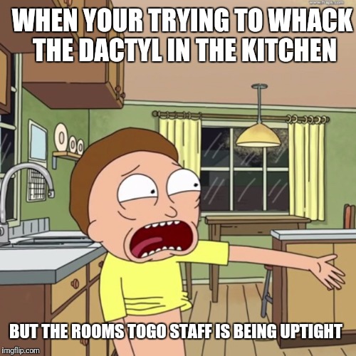 Morty Stop Shaming Me | WHEN YOUR TRYING TO WHACK THE DACTYL IN THE KITCHEN; BUT THE ROOMS TOGO STAFF IS BEING UPTIGHT | image tagged in morty stop shaming me | made w/ Imgflip meme maker