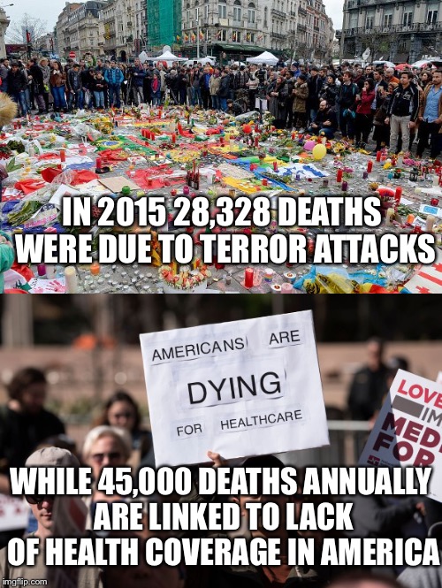 A bit of perspective  | IN 2015 28,328 DEATHS WERE DUE TO TERROR ATTACKS; WHILE 45,000 DEATHS ANNUALLY ARE LINKED TO LACK OF HEALTH COVERAGE IN AMERICA | image tagged in terror attacks,deaths,health care,coverage,america | made w/ Imgflip meme maker