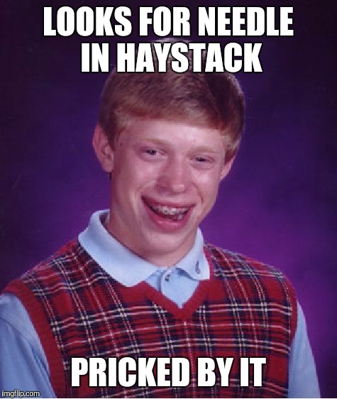 Bad Luck Brian Meme | LOOKS FOR NEEDLE IN HAYSTACK PRICKED BY IT | image tagged in memes,bad luck brian | made w/ Imgflip meme maker