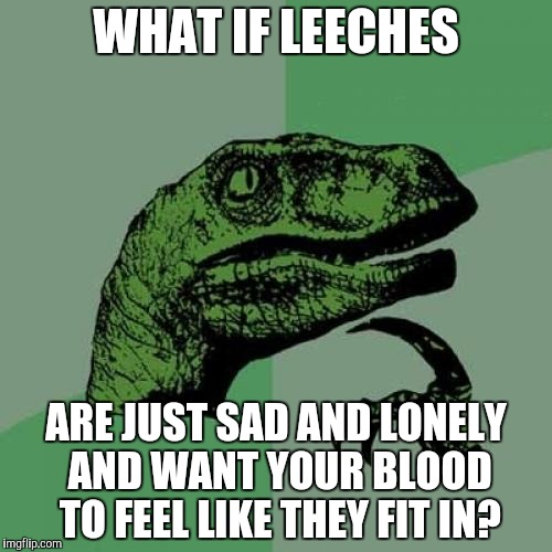 Philosoraptor | WHAT IF LEECHES; ARE JUST SAD AND LONELY AND WANT YOUR BLOOD TO FEEL LIKE THEY FIT IN? | image tagged in memes,philosoraptor | made w/ Imgflip meme maker
