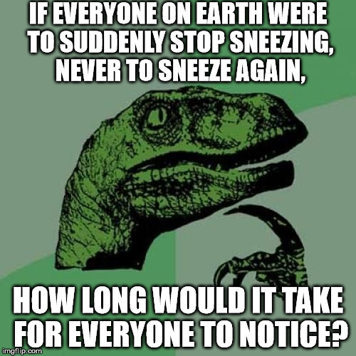 Good question. | IF EVERYONE ON EARTH WERE TO SUDDENLY STOP SNEEZING, NEVER TO SNEEZE AGAIN, HOW LONG WOULD IT TAKE FOR EVERYONE TO NOTICE? | image tagged in memes,philosoraptor | made w/ Imgflip meme maker