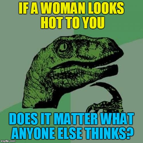 Philosoraptor Meme | IF A WOMAN LOOKS HOT TO YOU DOES IT MATTER WHAT ANYONE ELSE THINKS? | image tagged in memes,philosoraptor | made w/ Imgflip meme maker