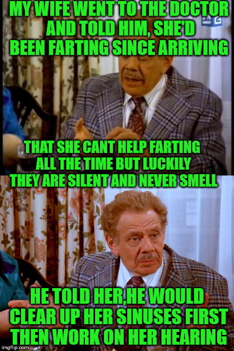 fart meme | MY WIFE WENT TO THE DOCTOR AND TOLD HIM, SHE'D BEEN FARTING SINCE ARRIVING; THAT SHE CANT HELP FARTING ALL THE TIME BUT LUCKILY THEY ARE SILENT AND NEVER SMELL; HE TOLD HER,HE WOULD CLEAR UP HER SINUSES FIRST THEN WORK ON HER HEARING | image tagged in seinfeld,farting,george castanza | made w/ Imgflip meme maker