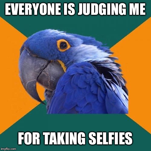 Paranoid Parrot | EVERYONE IS JUDGING ME; FOR TAKING SELFIES | image tagged in memes,paranoid parrot | made w/ Imgflip meme maker