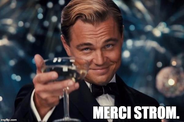 Leonardo Dicaprio Cheers Meme | MERCI STROM. | image tagged in memes,leonardo dicaprio cheers | made w/ Imgflip meme maker