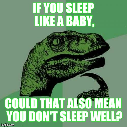 Philosoraptor | IF YOU SLEEP LIKE A BABY, COULD THAT ALSO MEAN YOU DON'T SLEEP WELL? | image tagged in memes,philosoraptor | made w/ Imgflip meme maker