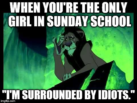 I'm Surrounded By Idiots | WHEN YOU'RE THE ONLY GIRL IN SUNDAY SCHOOL; "I'M SURROUNDED BY IDIOTS." | image tagged in i'm surrounded by idiots | made w/ Imgflip meme maker