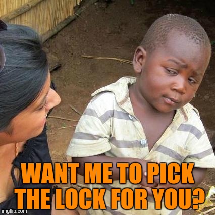 Third World Skeptical Kid Meme | WANT ME TO PICK THE LOCK FOR YOU? | image tagged in memes,third world skeptical kid | made w/ Imgflip meme maker