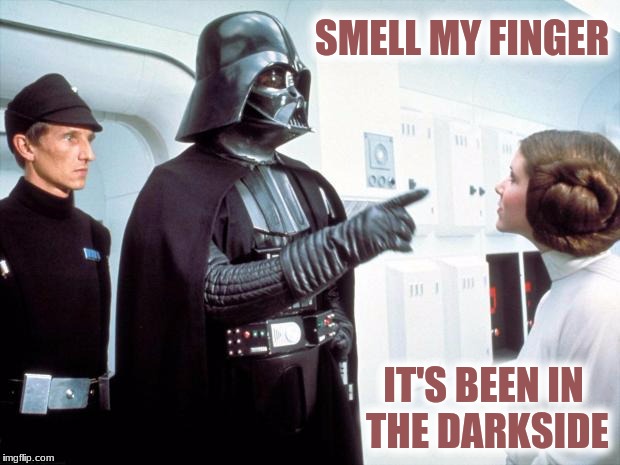 Darth Vader! NSFW Filth Week, June 19-25 - an Octavia_Melody event | SMELL MY FINGER; IT'S BEEN IN THE DARKSIDE | image tagged in darth vader | made w/ Imgflip meme maker