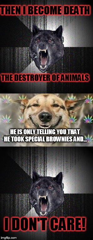 HE BECAME THE DESTROYER OF ANIMALS! | THEN I BECOME DEATH; THE DESTROYER OF ANIMALS; HE IS ONLY TELLING YOU THAT HE TOOK SPECIAL BROWNIES AND... I DON'T CARE! | image tagged in insanity wolf,dogs,drugs | made w/ Imgflip meme maker