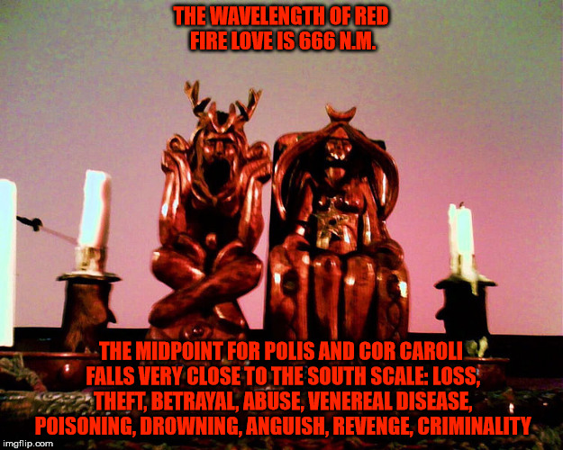 The Horned God and Mother Goddess | THE WAVELENGTH OF RED FIRE LOVE IS 666 N.M. THE MIDPOINT FOR POLIS AND COR CAROLI FALLS VERY CLOSE TO THE SOUTH SCALE: LOSS, THEFT, BETRAYAL, ABUSE, VENEREAL DISEASE, POISONING, DROWNING, ANGUISH, REVENGE, CRIMINALITY | image tagged in the horned god,the mother goddess,astrology,criminality,disease | made w/ Imgflip meme maker