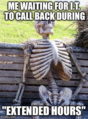 Waiting Skeleton Meme | ME WAITING FOR I.T. TO CALL BACK DURING; "EXTENDED HOURS" | image tagged in memes,waiting skeleton | made w/ Imgflip meme maker