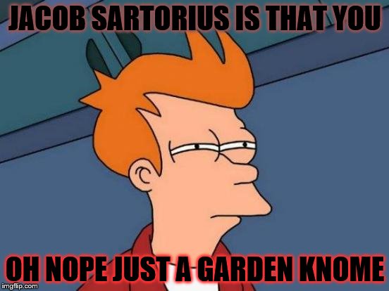 Futurama Fry Meme | JACOB SARTORIUS IS THAT YOU; OH NOPE JUST A GARDEN KNOME | image tagged in memes,futurama fry | made w/ Imgflip meme maker