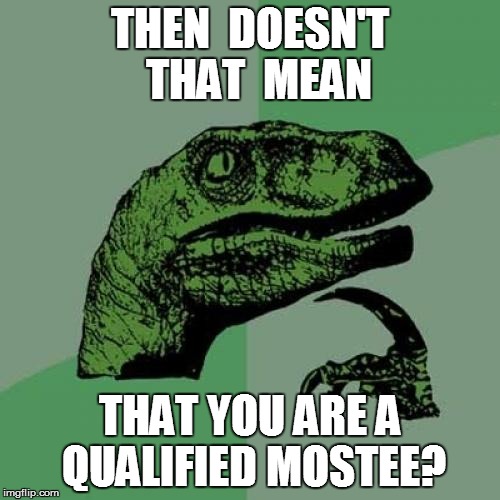Philosoraptor Meme | THEN  DOESN'T  THAT  MEAN THAT YOU ARE A QUALIFIED MOSTEE? | image tagged in memes,philosoraptor | made w/ Imgflip meme maker