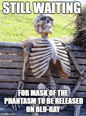 Waiting Skeleton Meme | STILL WAITING; FOR MASK OF THE PHANTASM TO BE RELEASED ON BLU-RAY | image tagged in memes,waiting skeleton | made w/ Imgflip meme maker
