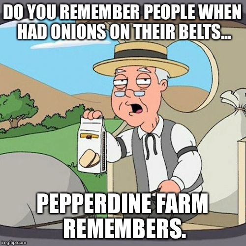 Pepperidge Farm Remembers Meme | DO YOU REMEMBER PEOPLE WHEN HAD ONIONS ON THEIR BELTS... PEPPERDINE FARM REMEMBERS. | image tagged in memes,pepperidge farm remembers | made w/ Imgflip meme maker