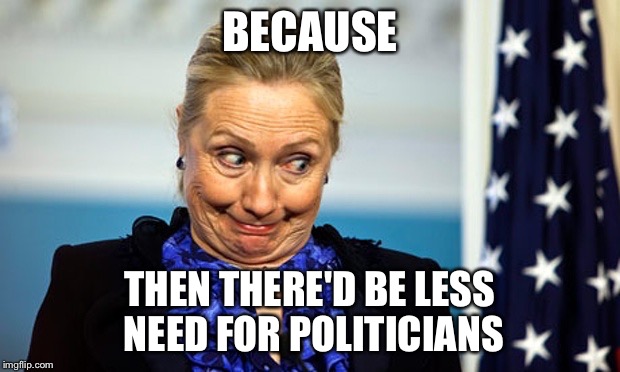 Hillary Gonna Be Sick | BECAUSE THEN THERE'D BE LESS NEED FOR POLITICIANS | image tagged in hillary gonna be sick | made w/ Imgflip meme maker