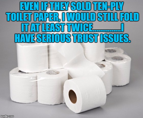 toilet paper | EVEN IF THEY SOLD TEN-PLY TOILET PAPER, I WOULD STILL FOLD IT AT LEAST TWICE...............I HAVE SERIOUS TRUST ISSUES. | image tagged in toilet paper,trust issues,funny,funny memes,bathroom humor | made w/ Imgflip meme maker