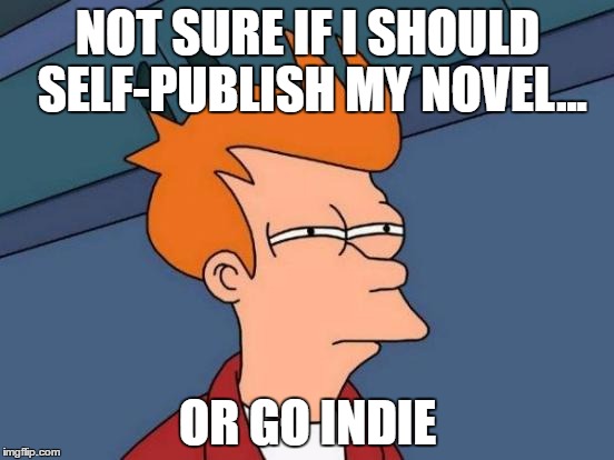 Futurama Fry Meme | NOT SURE IF I SHOULD SELF-PUBLISH MY NOVEL... OR GO INDIE | image tagged in memes,futurama fry | made w/ Imgflip meme maker