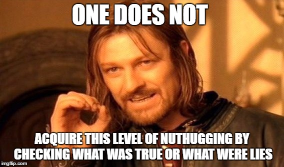 One Does Not Simply Meme | ONE DOES NOT; ACQUIRE THIS LEVEL OF NUTHUGGING BY CHECKING WHAT WAS TRUE OR WHAT WERE LIES | image tagged in memes,one does not simply | made w/ Imgflip meme maker