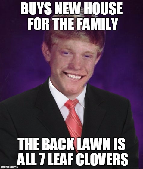 The luck keeps getting better | BUYS NEW HOUSE FOR THE FAMILY; THE BACK LAWN IS ALL 7 LEAF CLOVERS | image tagged in good luck brian,memes | made w/ Imgflip meme maker