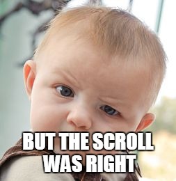 Skeptical Baby Meme | BUT THE SCROLL WAS RIGHT | image tagged in memes,skeptical baby | made w/ Imgflip meme maker