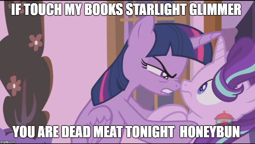 twilight's book fetish  | IF TOUCH MY BOOKS STARLIGHT GLIMMER; YOU ARE DEAD MEAT TONIGHT  HONEYBUN | image tagged in twilight's book fetish | made w/ Imgflip meme maker