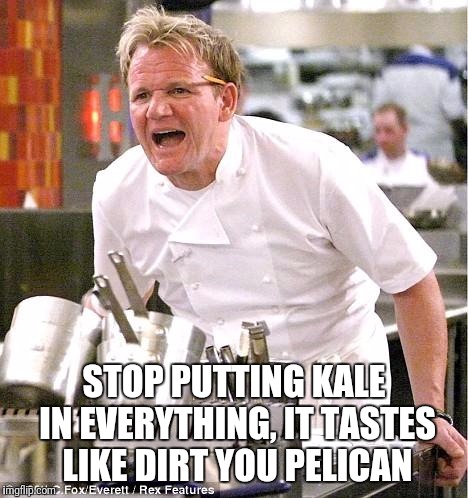 Chef Gordon Ramsay | STOP PUTTING KALE IN EVERYTHING, IT TASTES LIKE DIRT YOU PELICAN | image tagged in memes,chef gordon ramsay | made w/ Imgflip meme maker