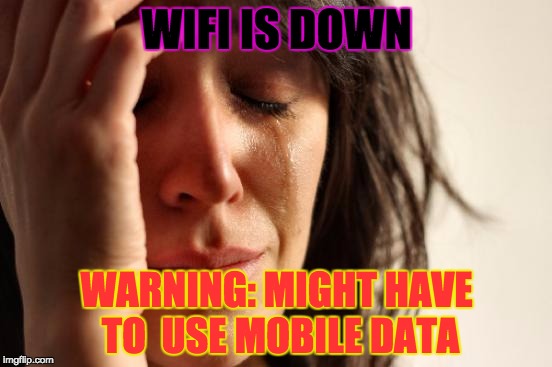Not the 3G!!!! *gasp* | WIFI IS DOWN; WARNING: MIGHT HAVE TO  USE MOBILE DATA | image tagged in memes,firstworldproblems,wifi is down,warning | made w/ Imgflip meme maker