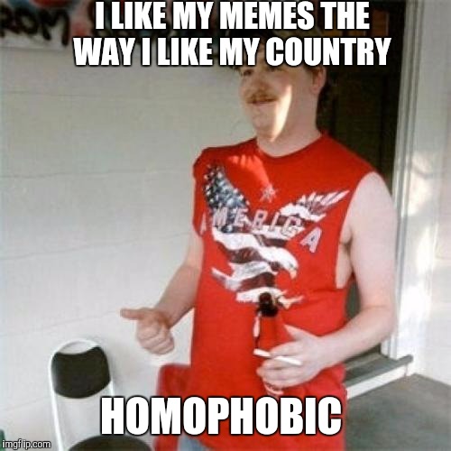 Redneck Randal | I LIKE MY MEMES THE WAY I LIKE MY COUNTRY; HOMOPHOBIC | image tagged in memes,redneck randal | made w/ Imgflip meme maker