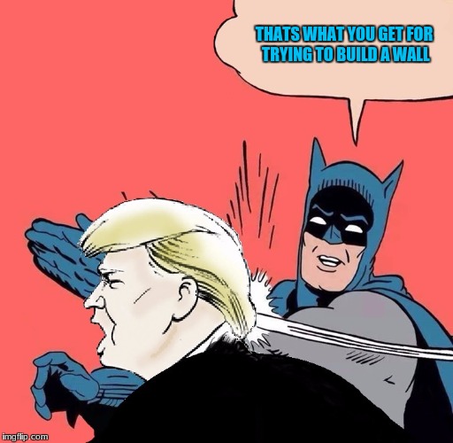 Batman slaps Trump | THATS WHAT YOU GET FOR TRYING TO BUILD A WALL | image tagged in batman slaps trump | made w/ Imgflip meme maker