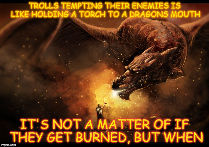 Will they ever learn? | TROLLS TEMPTING THEIR ENEMIES IS LIKE HOLDING A TORCH TO A DRAGONS MOUTH; IT'S NOT A MATTER OF IF THEY GET BURNED, BUT WHEN | image tagged in red dragon,imgflip trolls | made w/ Imgflip meme maker