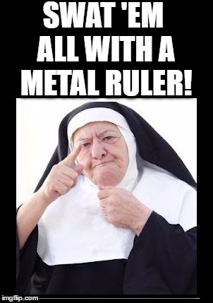 nun | SWAT 'EM ALL WITH A METAL RULER! | image tagged in nun | made w/ Imgflip meme maker